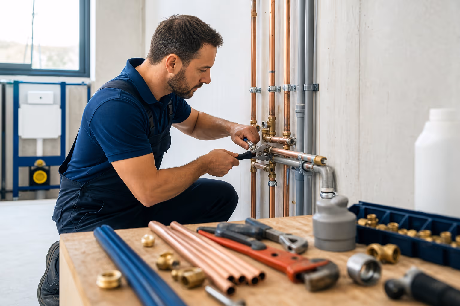 Sanitär-Werkzeuge und Materialien auf einem Arbeitstisch